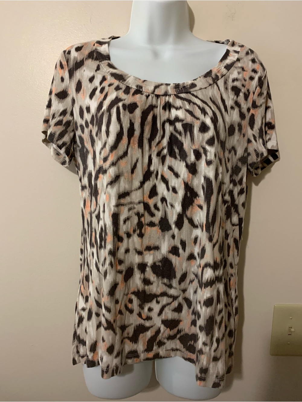 Chico's Cream and Brown Animal Print Short Sleeve Tee with Peach Accents